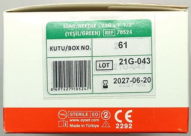 Голка двостороння для вакуумного забору крові G21 х 1 1/2" (0,8х38 мм) зелена/ AYSET, упаковка 100 шт.