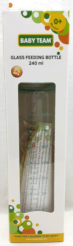 Бутылочка для кормления 240 мл стеклянная с силиконовой соской 0+/ BabyТeam, ар 1211