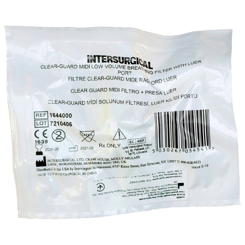 Фильтр дыхательный вирусо-бактериальный CLEAR-GUARD MIDI LOW, порт LUER/ Intersurgical, код 1644000
