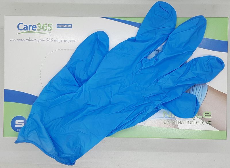 Перчатки нитриловые смотровые нестерильные неопудренные голубые, размер S / Care 365