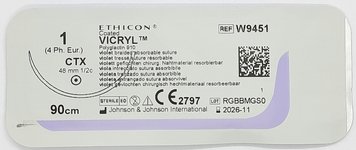 Викрил фиолетовый(1), М 4,90 см,игла колющая 1/2 окр. 48мм, W9451, Ethicon/ Johnson&Johnson