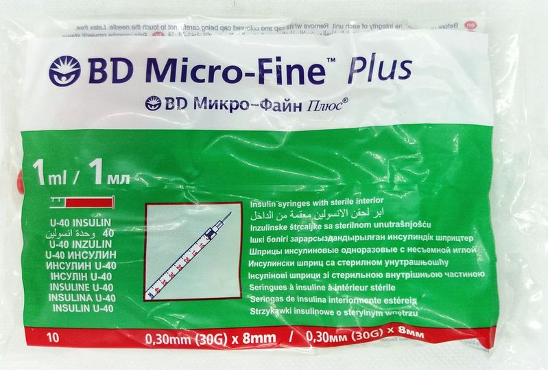 Шприц медичний одноразовий інсуліновий 1 мл / U-40 / G-30 (0,3*8,0) / BD Microfine