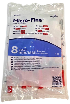 Шприц инсулиновый 1 мл U40 Microfine несъемная игла G30 (0,3*8,0)/ Embecta
