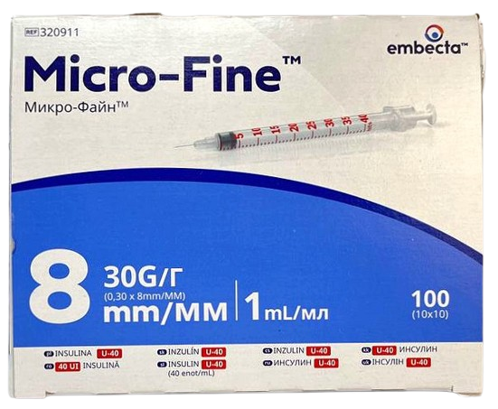 Шприц инсулиновый 1 мл U40 Microfine несъемная игла G30 (0,3*8,0)/ Embecta