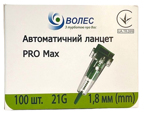Ланцет автоматический, игла G21 (диаметр 0,8 мм, глубина прокола 1,8 мм) ProMax/ Волес, упаковка 100 шт.