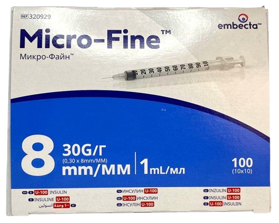 Шприц инсулиновый 1 мл U100 Microfine несъемная игла G30 (0,3*8,0)/ Embecta