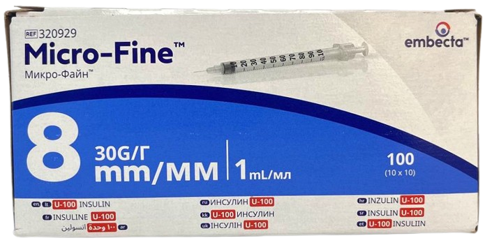Шприц инсулиновый 1 мл U100 Microfine несъемная игла G30 (0,3*8,0)/ Embecta