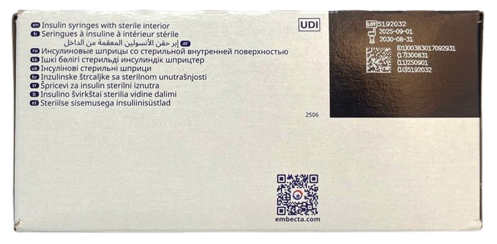 Шприц инсулиновый 1 мл U100 Microfine несъемная игла G30 (0,3*8,0)/ Embecta