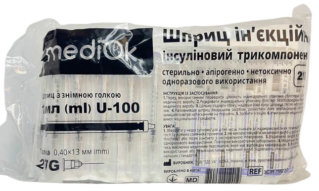 Шприц инсулиновый 1 мл U100 съемная игла G27 (0,4*13мм)/ mediOk