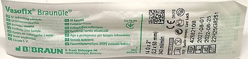 Канюля внутрішньовенна G14 (2,2х50 мм) жовтогаряча/ B.Braun Vasofix Braunüle