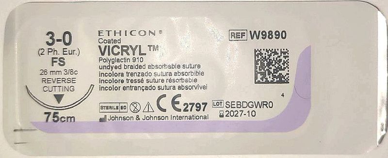 Вікрил нефарбований (3-0) 75см, голка ріжуча FS 26 мм, 3/8 кола W9890 Ethicon/ Johnson&Johnson