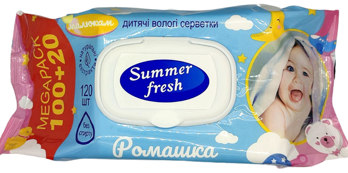 Серветки вологі дитячі ромашка Summer Fresh/Sunvita, 120 шт. у пакованні з клапаном