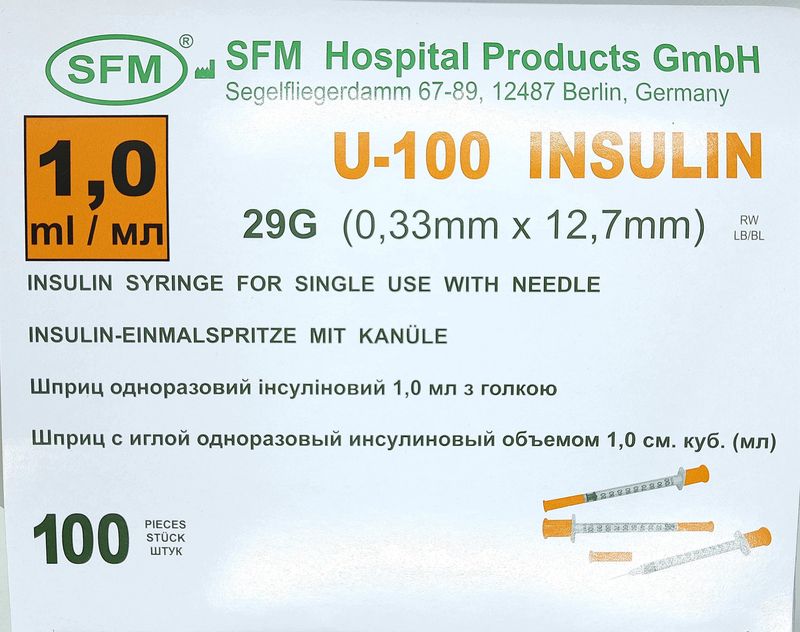 Шприц инсулиновый 1 мл U100 несъемная игла G29 (0,33*12,7 мм) / SFM