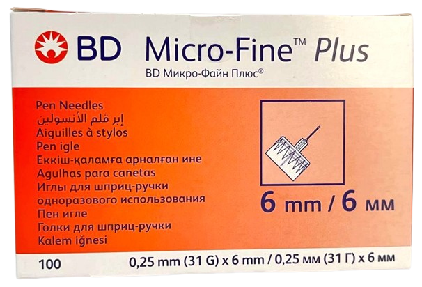 Игла для шприц-ручки BD, МF+, 31 G (0,25 x 6 мм) оранжевая
