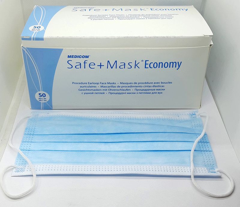 Маска медична одноразова нестерильна з вушними петлями блакитна Safe+mask Economy/ Medicom