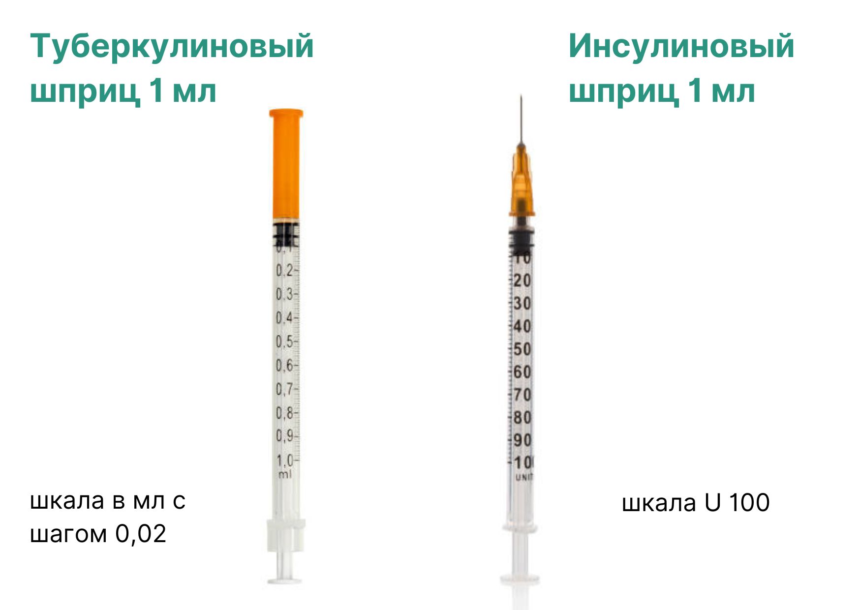 Туберкулиновый и инсулиновый шприцы 1 мл, сравнение шкал