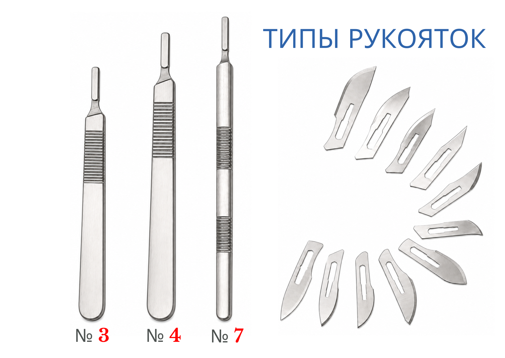 Виды рукоятки хирургического скальпеля по номерам